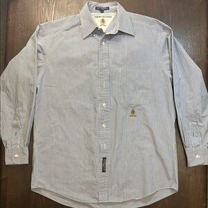 Tommy Hilfiger Men's White and Blue Pinstripe Shirt